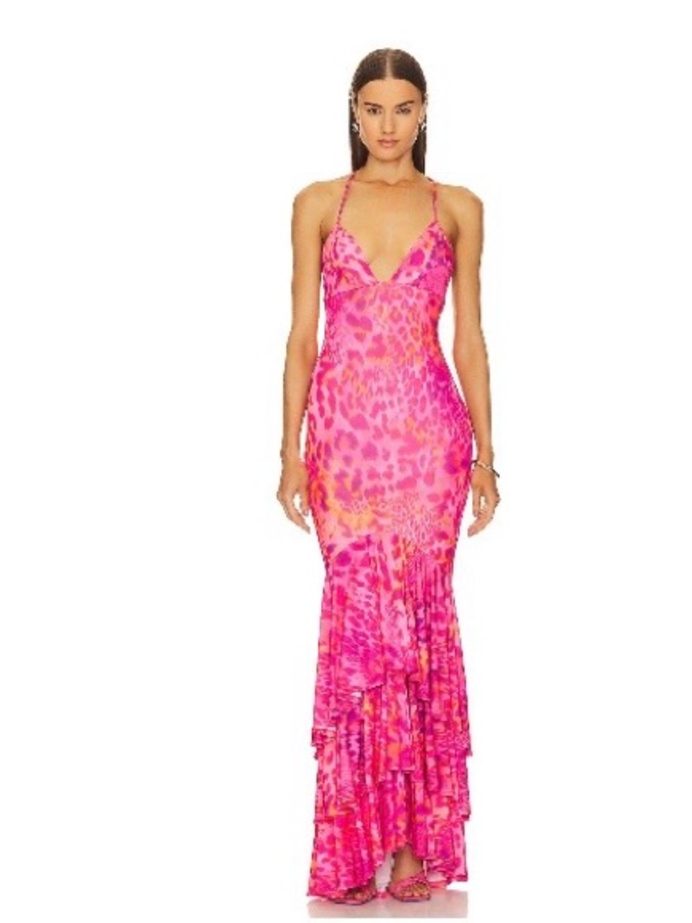 Bright Pink Animal-Print Maxi Dress with Ruffle Hem